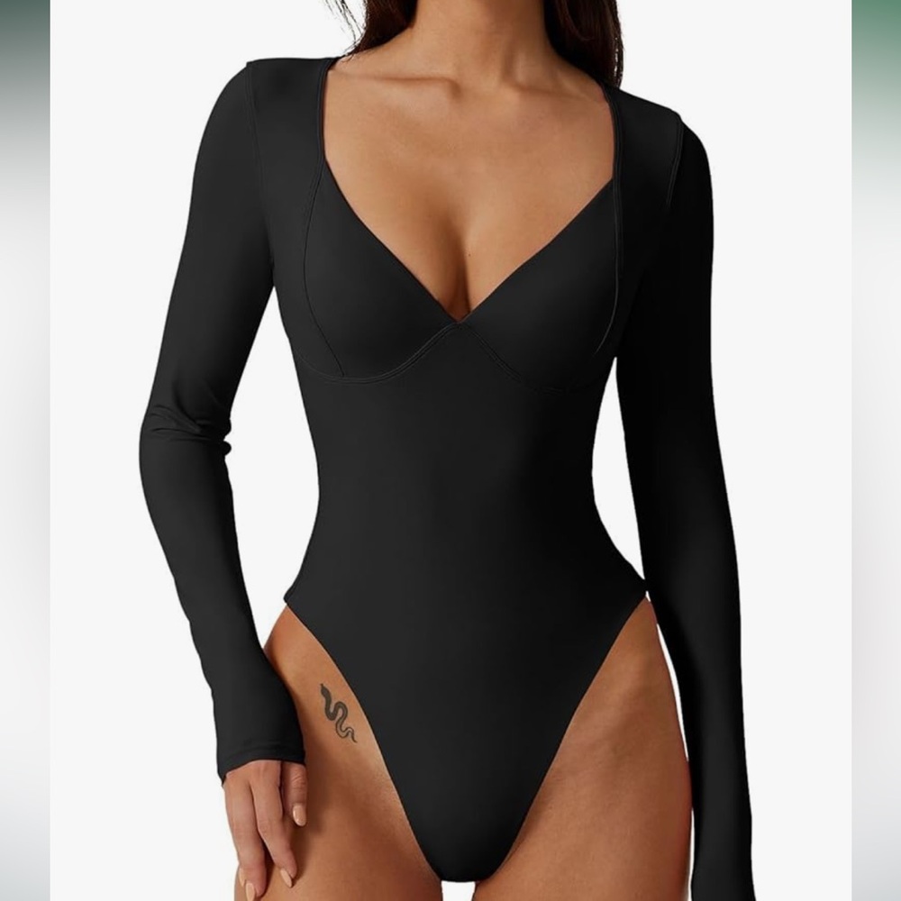 Qinsen Elegant Black Long Sleeve Thong Bodysuit - Black